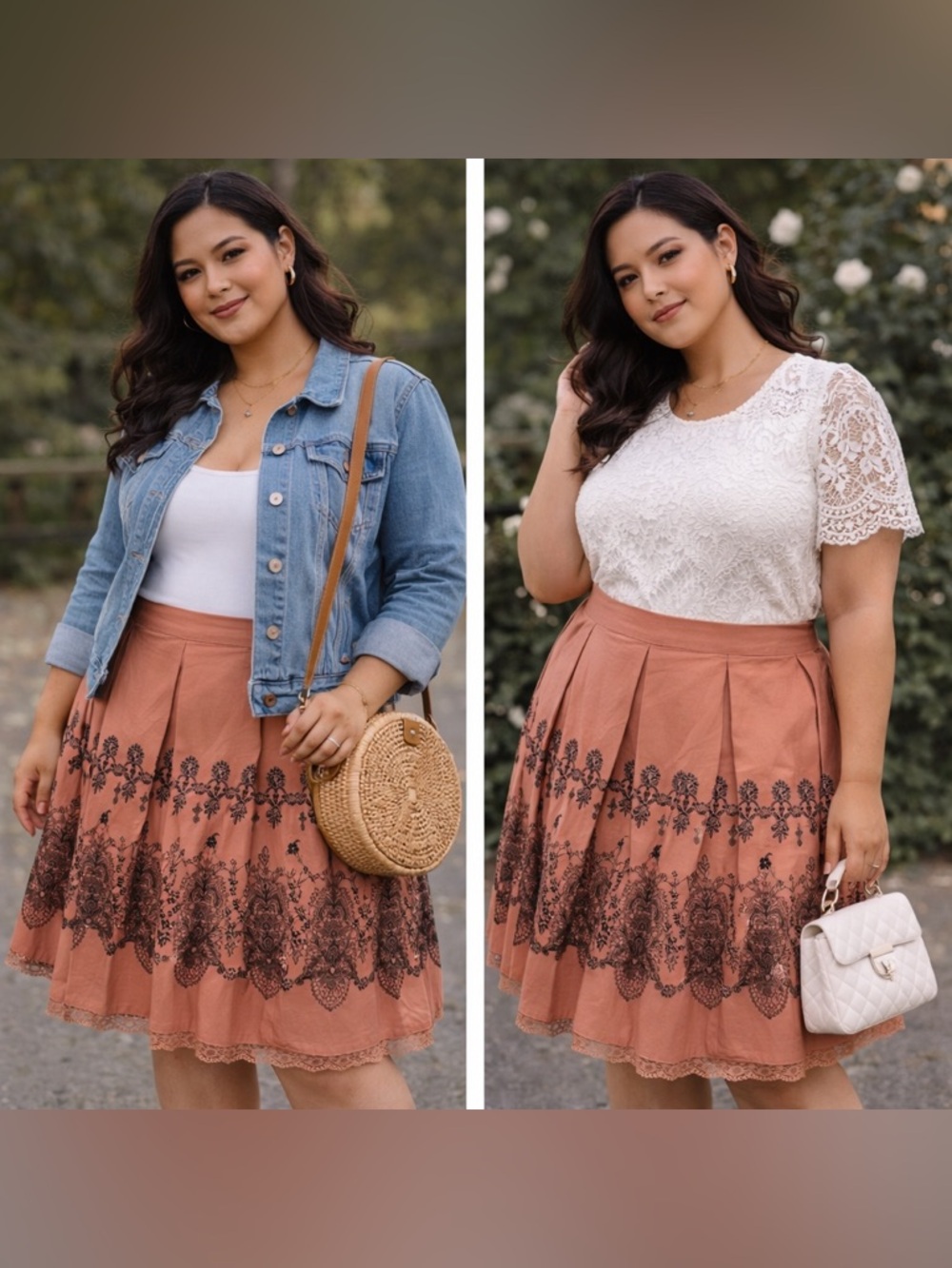 Apt. 9 Women 20 Coral Black Floral Pleated Lace Hem A-Line Skirt Cottage Prairie